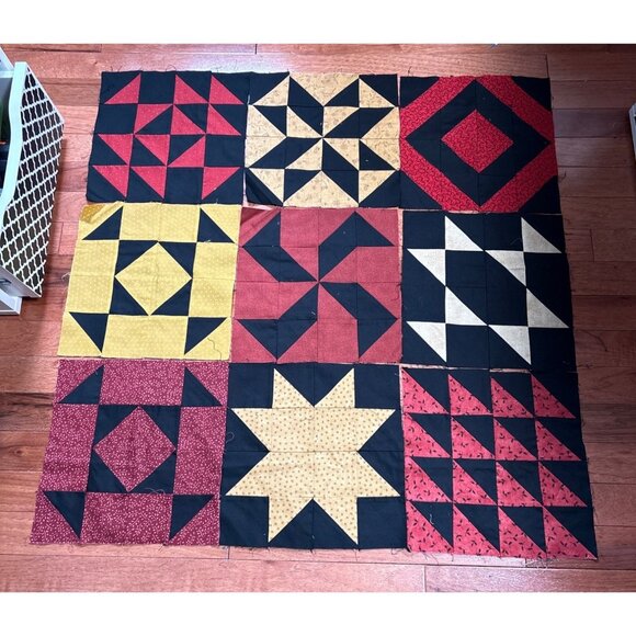 Quilt Blocks Patchwork Set of 20 Red/Yellow/Black Cotton Fabric Squares 10.5"x10 - Picture 2 of 6
